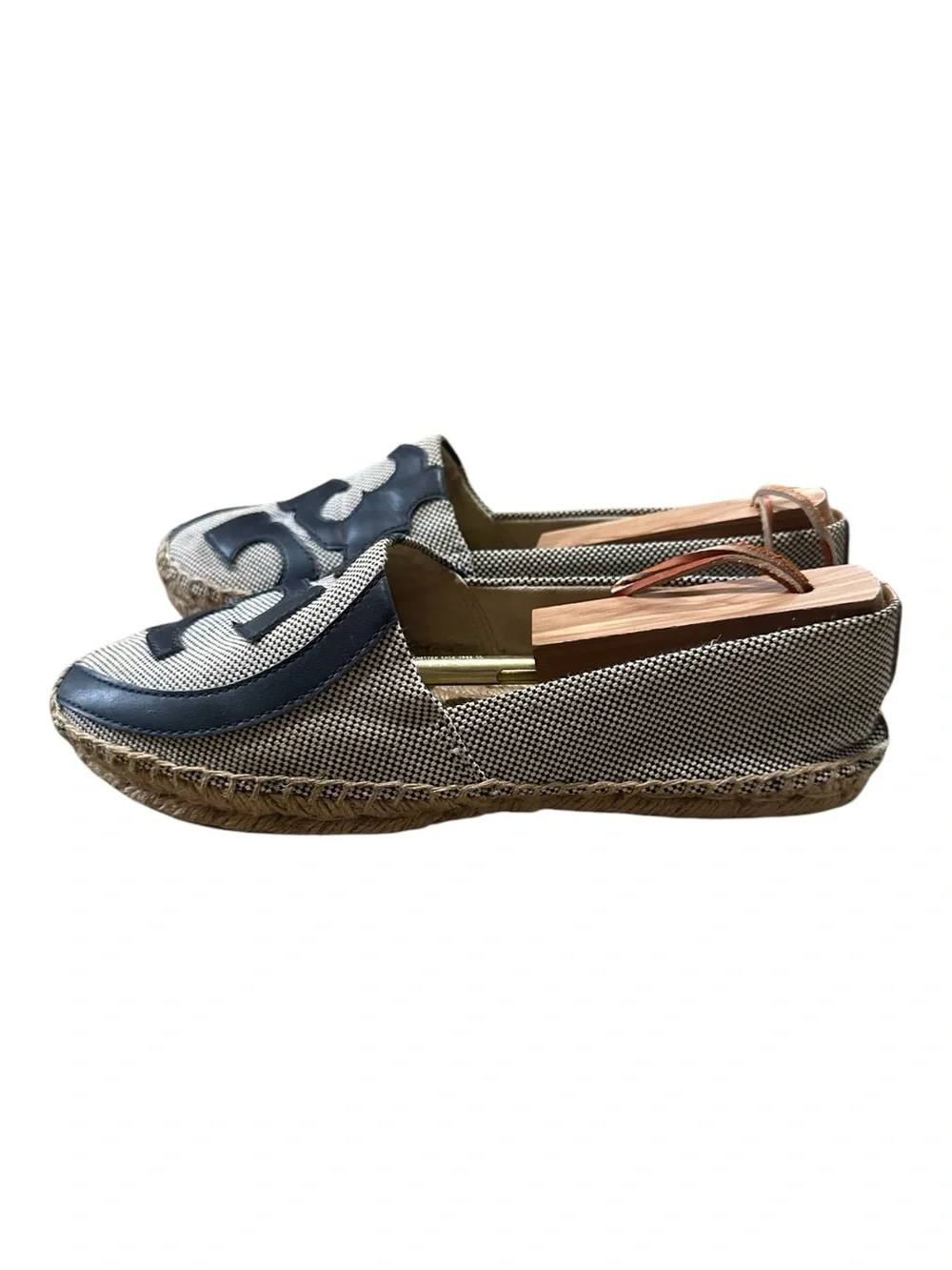 Tory Burch Lonnie Flat Espadrilles Navy Ivory Checkered Canvas Pattern Size 9